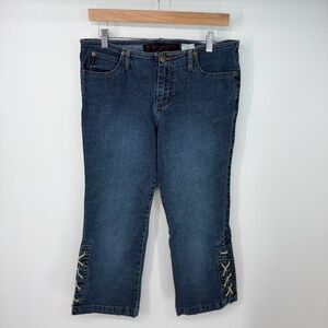 Mudd Yo! Mid Rise Side Flare Stitch Zip Up Denim Cropped Jeans